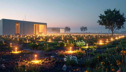 Naklejka premium Illuminated Garden at Dusk - A Serene Architectural Landscape.