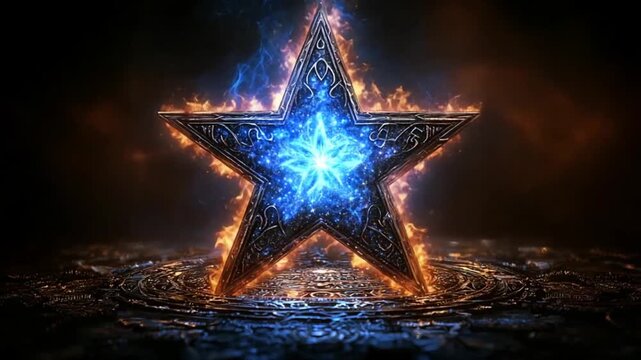 A magnificent star, ablaze with ethereal blue and fiery orange, rests on a mystical, detailed surface.