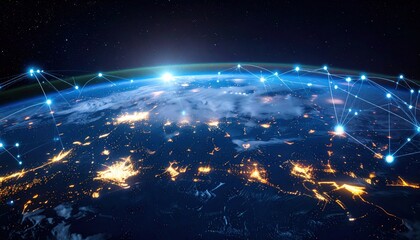 Obraz premium Global Network Connectivity - A Digital Earth with Interconnected Nodes.