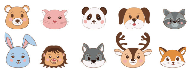 Obraz premium Animals heads set, cute animals, animal characters, dog, cat, panda, bear, hare, fox, wolf, deer, hedgehog, raccoon