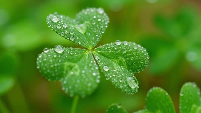 A four-leaf clover with dew drops is captured in a close-up shot amidst lush greenery.