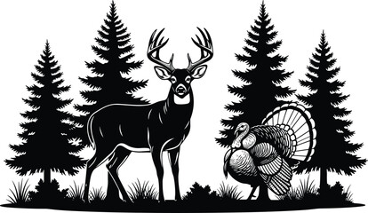 Obraz premium Black and white vector illustration of a whitetail deer buck and wild turkey standing in a pine forest landscape, rustic woodcut style hunting nature scene.