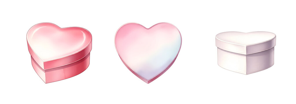 Three heart-shaped boxes in pink and white on transparent background