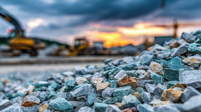 Pile of Gravel and Crushed Stones with Construction Site Background
