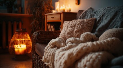 Naklejka premium Cozy living room interior with warm knitted blankets and cushions creating a hygge ambiance