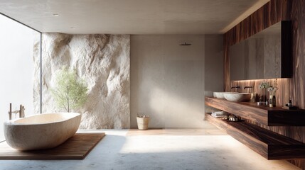 Fototapeta premium Modern bathroom interior featuring natural stone bathtub, wooden vanity, and spa concept