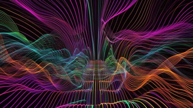 カラフルなラインが躍動しフラクタル模様が広がる幻想的抽象背景