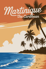 Retro Travel Poster Martinique Tropical Island Resort Featuring Beach Coast, Palm Trees, Straw Hut and Ocean View, Paradise Resort Vintage Style Vector Illustration Postcard Design