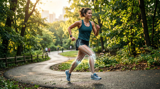 Woman running in park with glowing bones, illustrating bone health and fitness