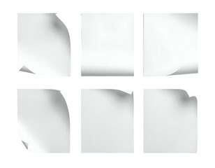 Six blank, white paper sheets, each slightly curled at a corner, arranged in a grid against a dark background