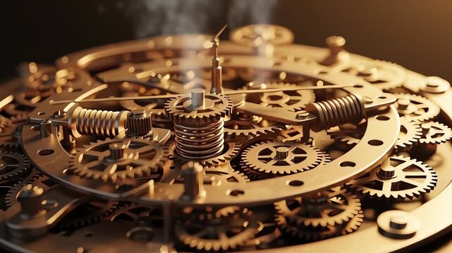 Intricate Golden Clockwork Mechanism with Gears and Springs in Motion.