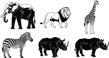 Black and White African Wildlife Vector Set Featuring Elephant Lion Giraffe Zebra and Rhino Illustrations Isolated for Safari Nature Design © Mehedi