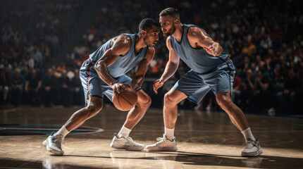 Fototapeta premium Intense basketball players in action during a competitive game on a brightly lit court