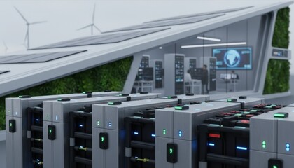 Resilient energy storage backup batteries sharply in frame surrounded by a softly blurred sustainable data center ensuring uninterrupted global news services.