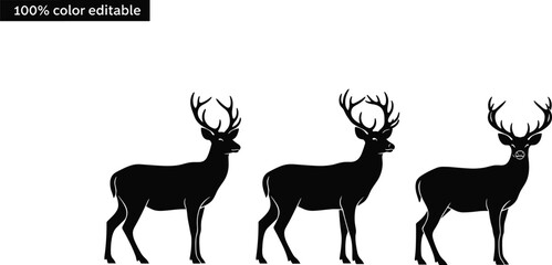 Black deer silhouette vector set, elegant buck with antlers standing, wild reindeer icons, forest animal graphics isolated on white background. © Mehedi