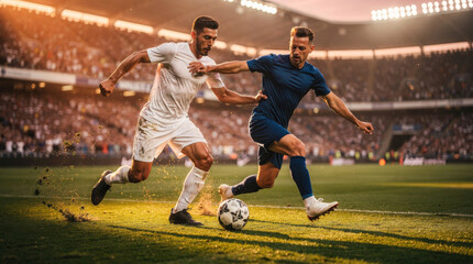 Fototapeta premium Two professional soccer players intensely competing for the ball on a sunlit stadium field