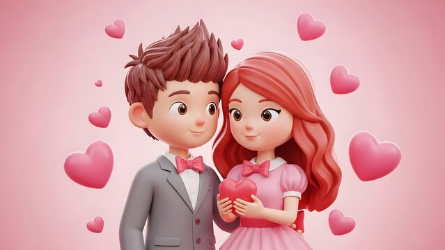 A cartoon illustration of a romantic couple on a lovely pink background with hearts