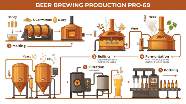 Infographic illustrating the complete beer brewing production process from malting to bottling