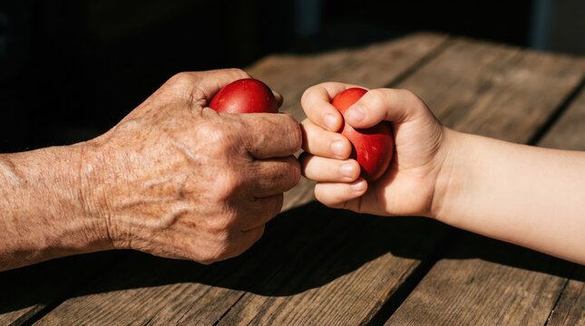 Easter egg tapping duel concept with senior and child fists holding red eggs in dramatic directional light and copy space