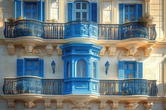 Sunlit cream stone building facade with bright blue shutters, ornate wrought-iron balconies and a projecting blue bay window, charming decorative corbels and potted flowers