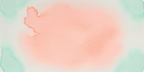 Fototapeta premium Abstract watercolor splatter with coral pink center and soft aqua edges, textured background