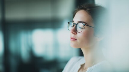 Fototapeta premium Woman wearing glasses is sitting in a room