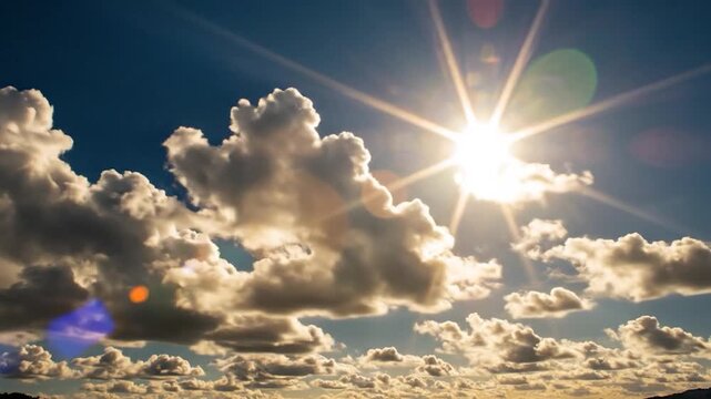 Bright sun shines intensely through a beautiful blue sky with f white clouds
