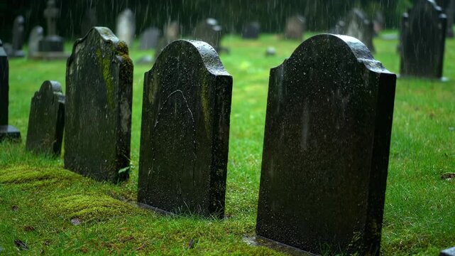 Gentle rain falls onto wet, dark gravestones and lush green moss in a tranquil, solemn atmosphere gentle rain, natural elements, somber