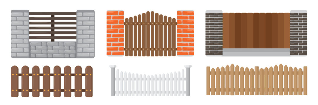 Set of street, garden fences in cartoon style. Vector illustration of fences of different types, materials: wooden, brick, concrete, metal, isolated on white background. Territory protection.