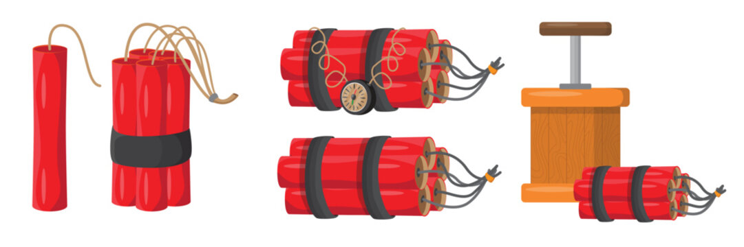 Set of black explosive devices in cartoon style. Vector illustration: a bundle of dynamite tied with a dark ribbon, a timer, a detonator isolated on a white background. Blasting work in mining.