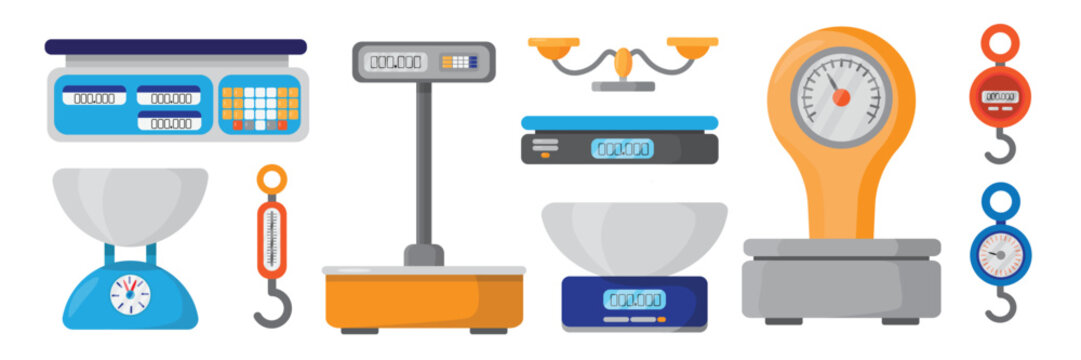Set of electronic, mechanical scales in cartoon style. Vector illustration of commercial, kitchen scales with dial, arrow, spring scales with hooks isolated on white background. Weighing products.
