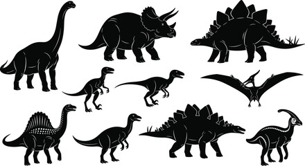 Dinosaur silhouette vector set, prehistoric animal icons including triceratops and stegosaurus, ancient reptile graphics isolated on white background, jurassic era. © Robiul
