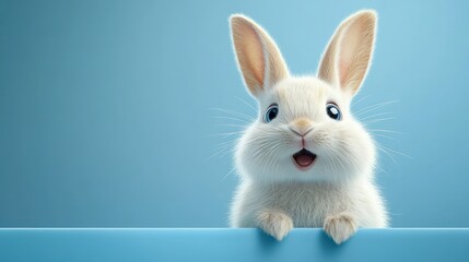 Fototapeta premium fluffy white bunny peeking over a blue ledge with tiny paws, long ears, whiskers and a joyful surprised expression