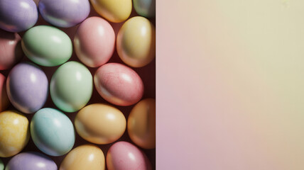 Obraz premium Colorful pastel Easter eggs arranged on a surface with soft gradient background and copy space