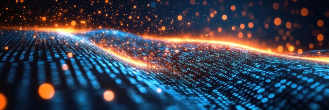 Dynamic futuristic blue binary wave with glowing orange sparks and bokeh particles sweeping over a flowing digital data landscape