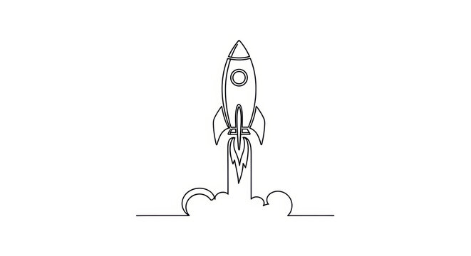 Minimalist Rocket Launching with Smoke Cloud, Single Line Art