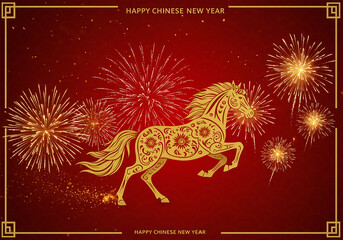 Golden ornate horse silhouette with colorful fireworks celebrating Chinese New Year festive holiday