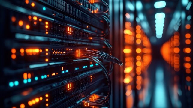 glowing server racks and bundled network cables in a futuristic data center corridor with blue and orange LED lights and an intense focused atmosphere