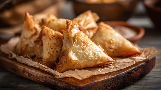 Uzbek food in the form of triangles of samsa on a dark table with empty space for text. Background illustration of Uzbek food.