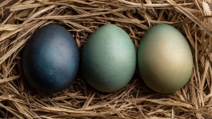 Obraz premium Three beautiful dyed Easter eggs in a natural straw nest