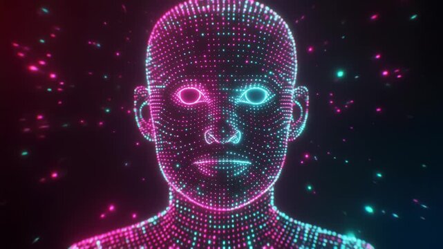 ネオン粒子が集結し人工知能の顔を描く近未来サイバーパンク表現