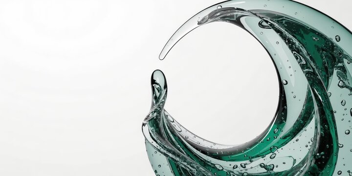 Translucent emerald glass wave frame abstract background with floating bubbles for clean banner copy space