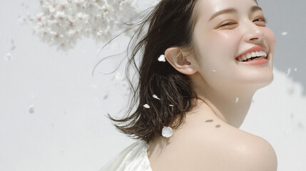 美しい肌の女性と桜が舞う春の背景