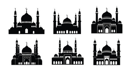 Collection of black silhouette mosque illustrations with crescent moon details © MdNirob