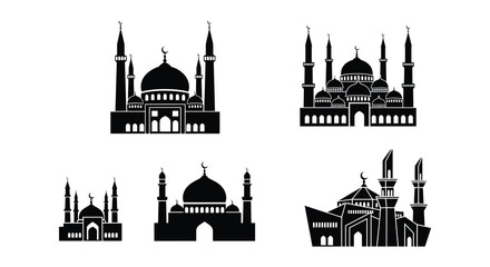 Collection of black silhouette mosque illustrations with crescent moon details © MdNirob