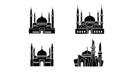 Collection of black silhouette mosque illustrations with crescent moon details © MdNirob