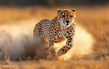 Fototapeta premium Focused cheetah sprinting through dusty golden grassland at dusk, kicking up sand and dust in a high-speed hunt