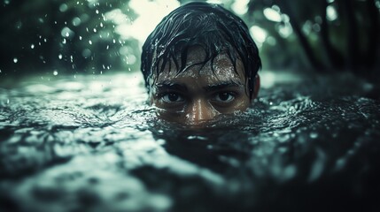 Swimming man&rsquo;s face emerging from turbulent water in rainstorm. AI generated