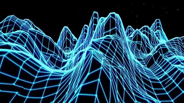 Blue wireframe sound waves on black background visualizing audio frequency.