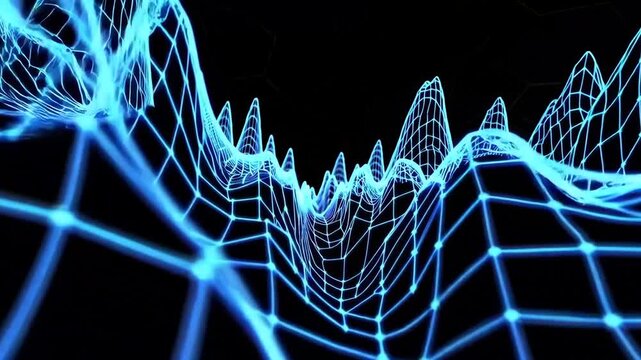 Blue wireframe sound waves on black background visualizing audio frequency.